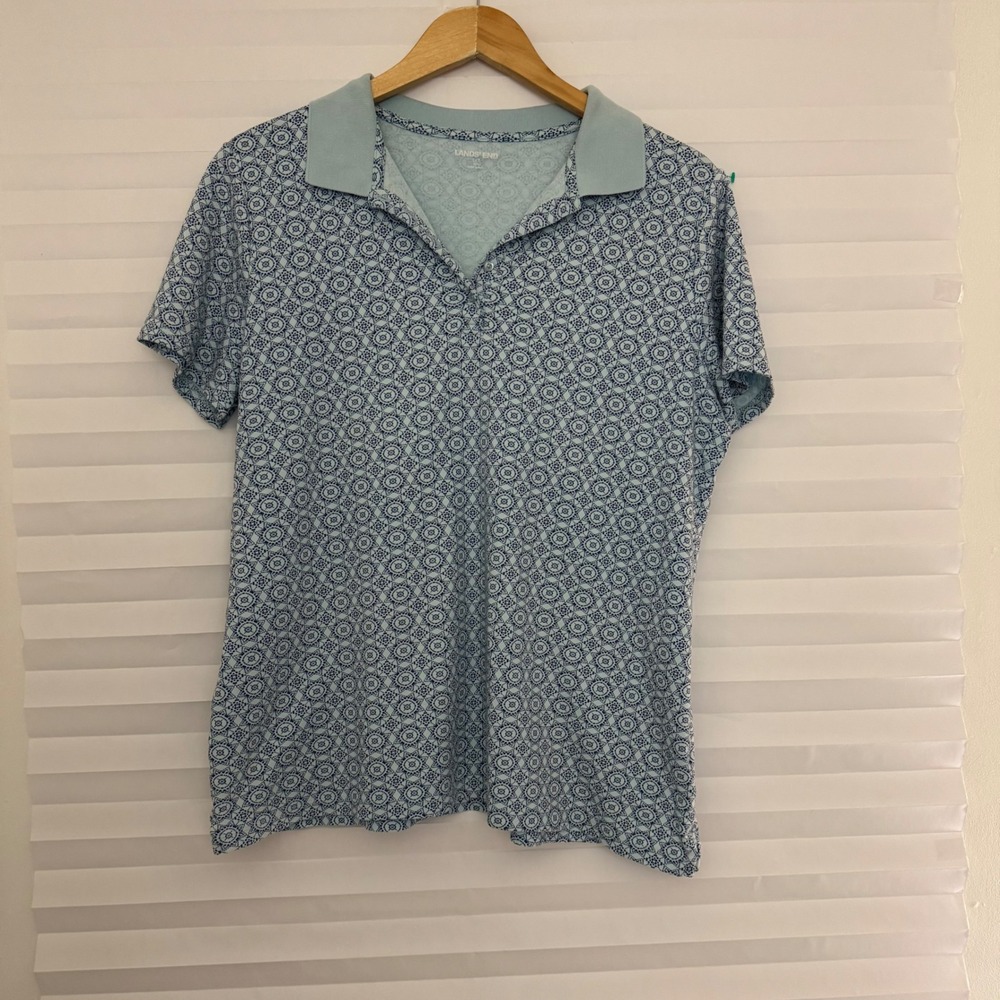 Lands End Womens Geometric Medallion Supima Cotton Polo Shirt L/T 14-16